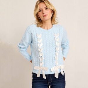 Francesca’s Avery Lace Up Knit Sweater - Light Blue and White Bows NWT